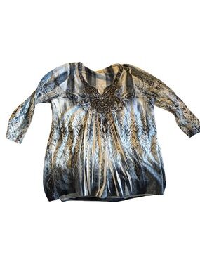 Live & Let Live Women’s Large Beaded V Neck Print Top Blue Gray White 3/4 Sleeve